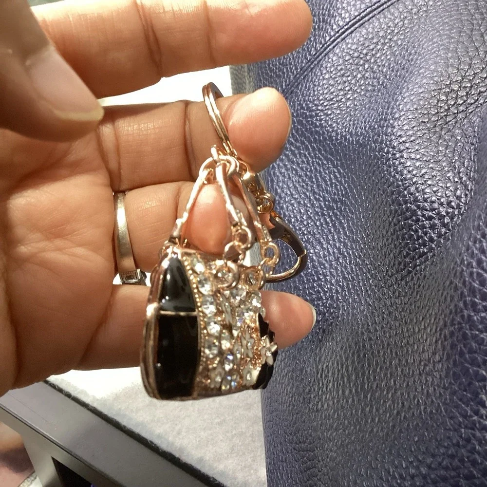 2-Way Black Floral Rhinestone Handbag Charm‎ - Key Chain Rose Gold Tone EUC